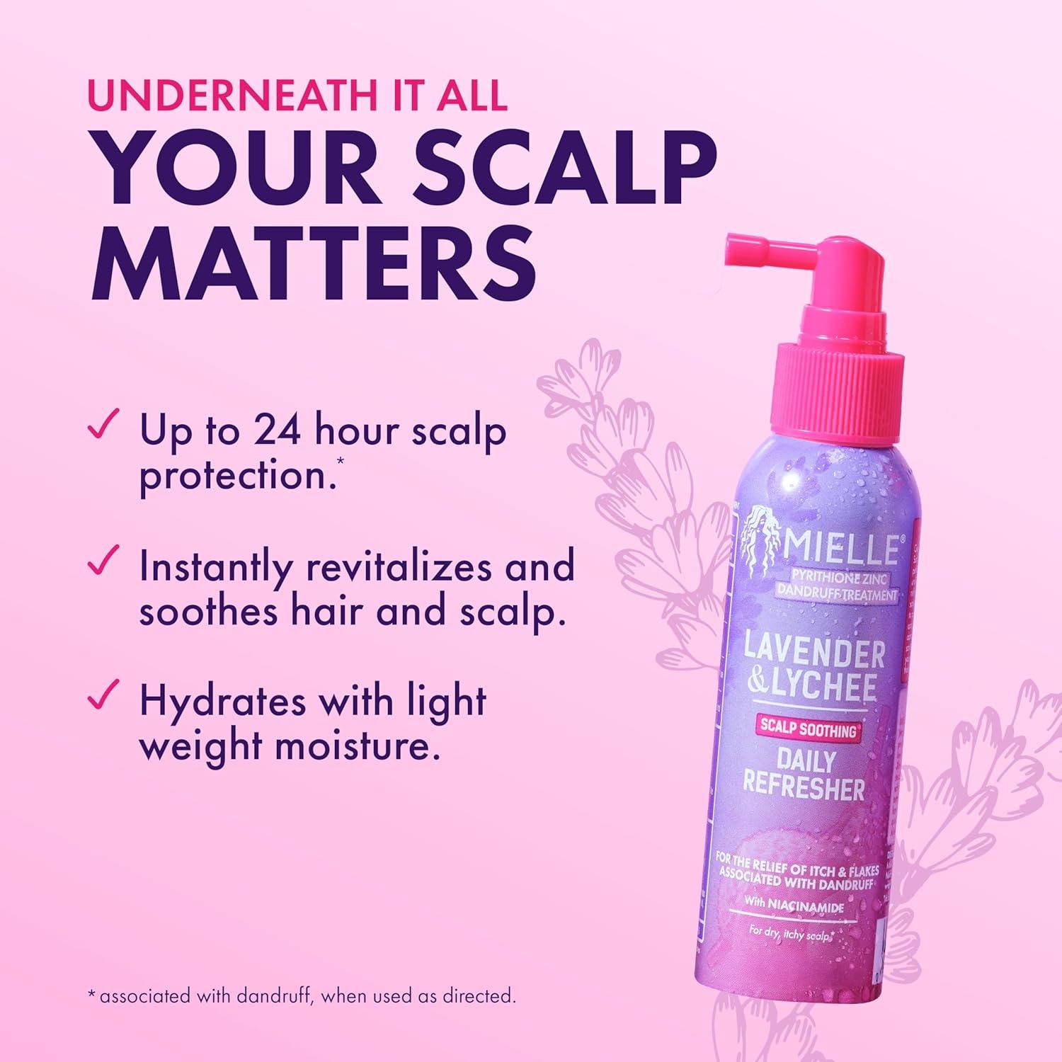 imageMielle Organics Lavender amp Lychee Daily Scalp Refresher Pyrithione Zinc Dandruff Treatment Spray Relieves Itch amp Flakes No Rinse Scalp Moisturizer with Niacinamide For Dry Itchy Scalp 4 fl oz