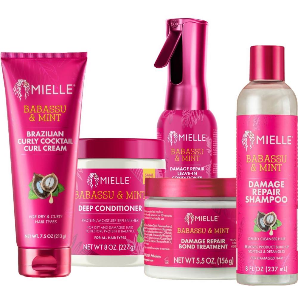 imageMielle Full Babassu Mint Damage Repair Routine  Shampoo Deep Conditioner LeaveIn Bond Treatment Curl Cream 5 Products
