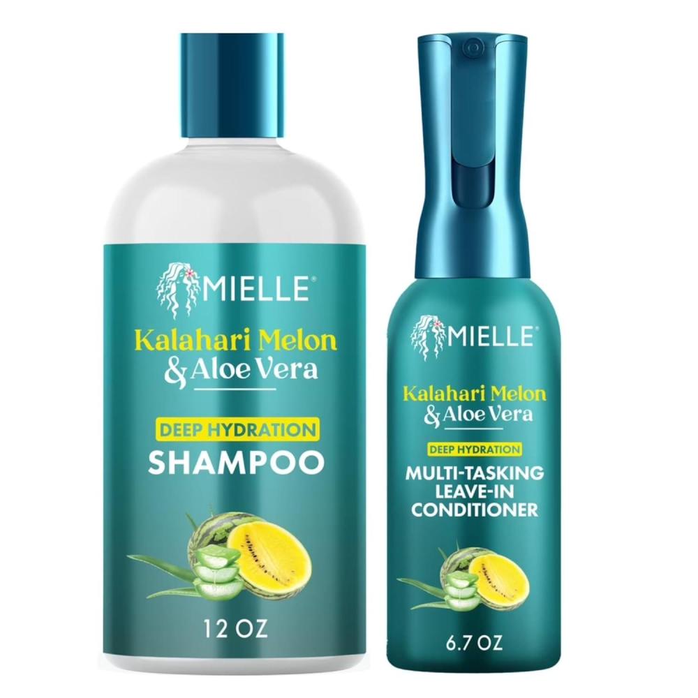 imageMielle Organics Kalahari Melon amp Aloe Vera Deep Hydration Shampoo amp MultiTasking LeaveIn Conditioner Bundle For Dry Curly and Textured Hair