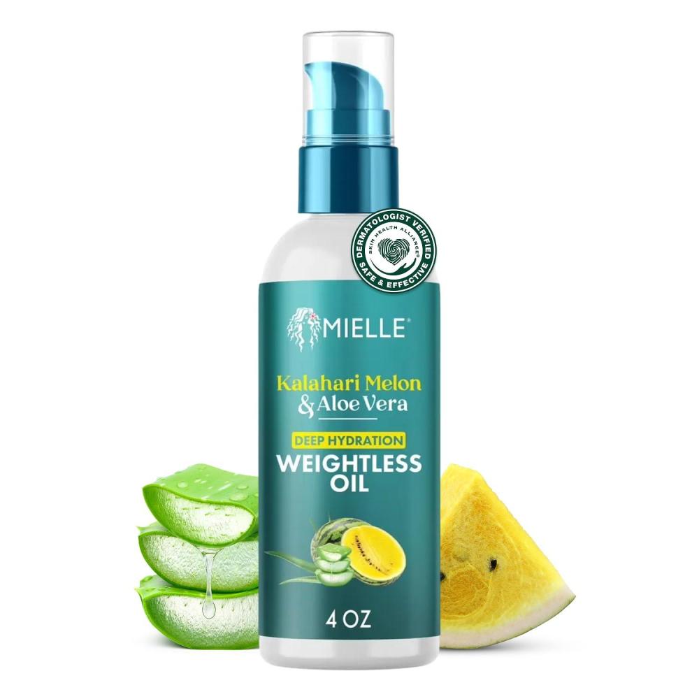 imageMielle Organics Weightless Hair Oil Kalahari Melon amp Aloe Vera Deep LongLasting Hydration Hair Treatment for Dry Curly and Textured Hair Lightweight NonGreasy Formula 4 Ounce