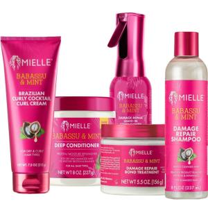 Mielle Full Babassu Mint Damage Repair Routine – Shampoo, Deep Conditioner, Leave-In, Bond Treatment, Curl Cream (5 Products)