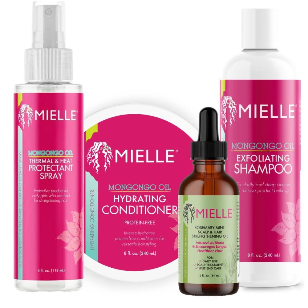 imageMielle Silk Press Bundle Exfoliating Shampoo Hydrating Conditioner Deep Conditioner Mongongo Heat Protectant Spray BiotinInfused Rosemary Hair Oil