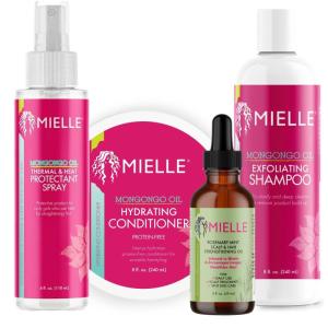 Mielle Silk Press Bundle – Exfoliating Shampoo, Hydrating Conditioner, Deep Conditioner, Mongongo Heat Protectant Spray, Biotin-Infused Rosemary Hair Oil