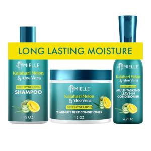 Mielle Organics Kalahari Melon & Aloe Vera Hydrating Shampoo, 2-Minute Conditioner & Leave-In Conditioner Spray – Moisturizing Products for Curls, Dry, and Textured Hair (3 Product Bundle)